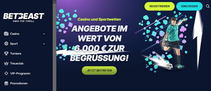 Homepage von BetBeast, links das Menü mit Punkten wie Casino, Sport und Promotionen, Rechts eine BEschreibung des Willkommensbonus von bis zu 6000€