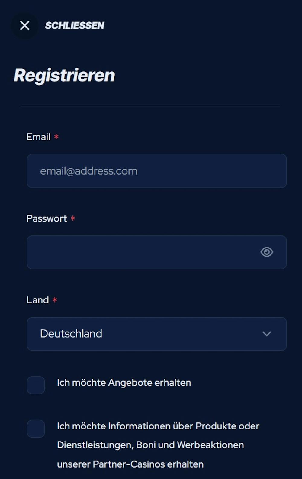 Registrierungsmaske bei Bet Beast mit den Feldern Email, Passwort und Land