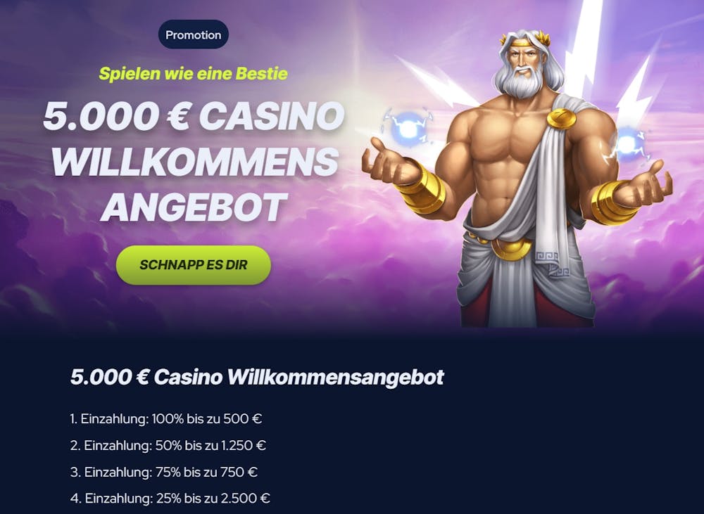 Der Willkommensbonus bei Bet Beast von bis zu 5000 €, Im Hintergrund der Gott Zeus