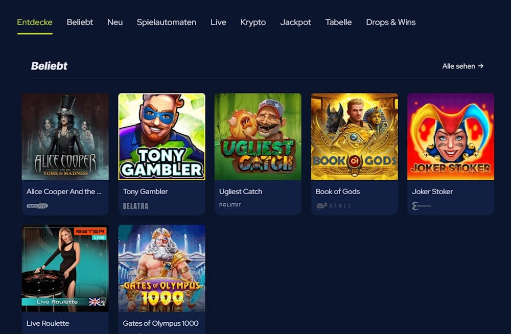 Ansicht über die Slots bei Bet Beast, mit Titeln wie Tony Gambler und Ugliest Catch