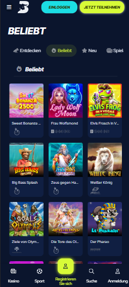 Ansicht über die Slots bei Bet Beast, mit Titeln wie Big Bass Splash
