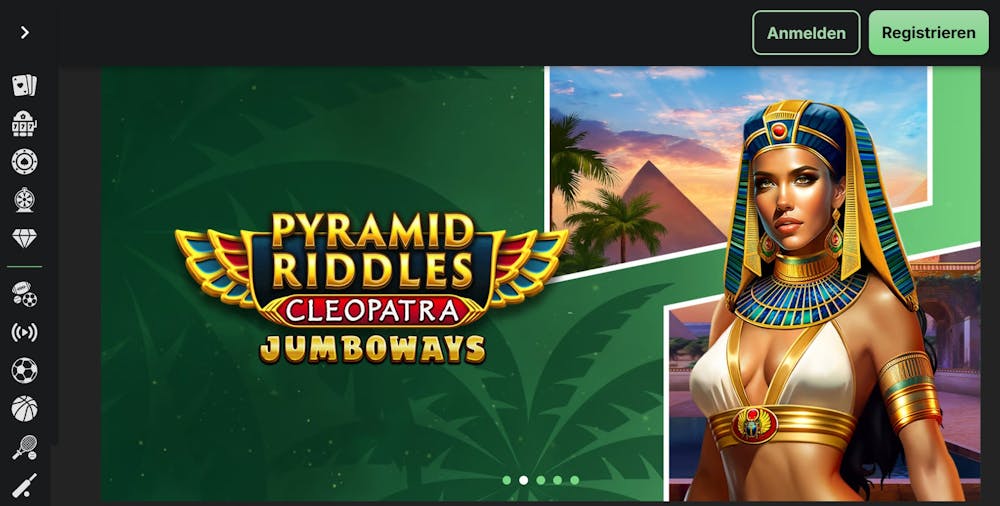 Betblast Casino Screenshot mit Pyramid Riddles Banner im Ägyptischen Design.