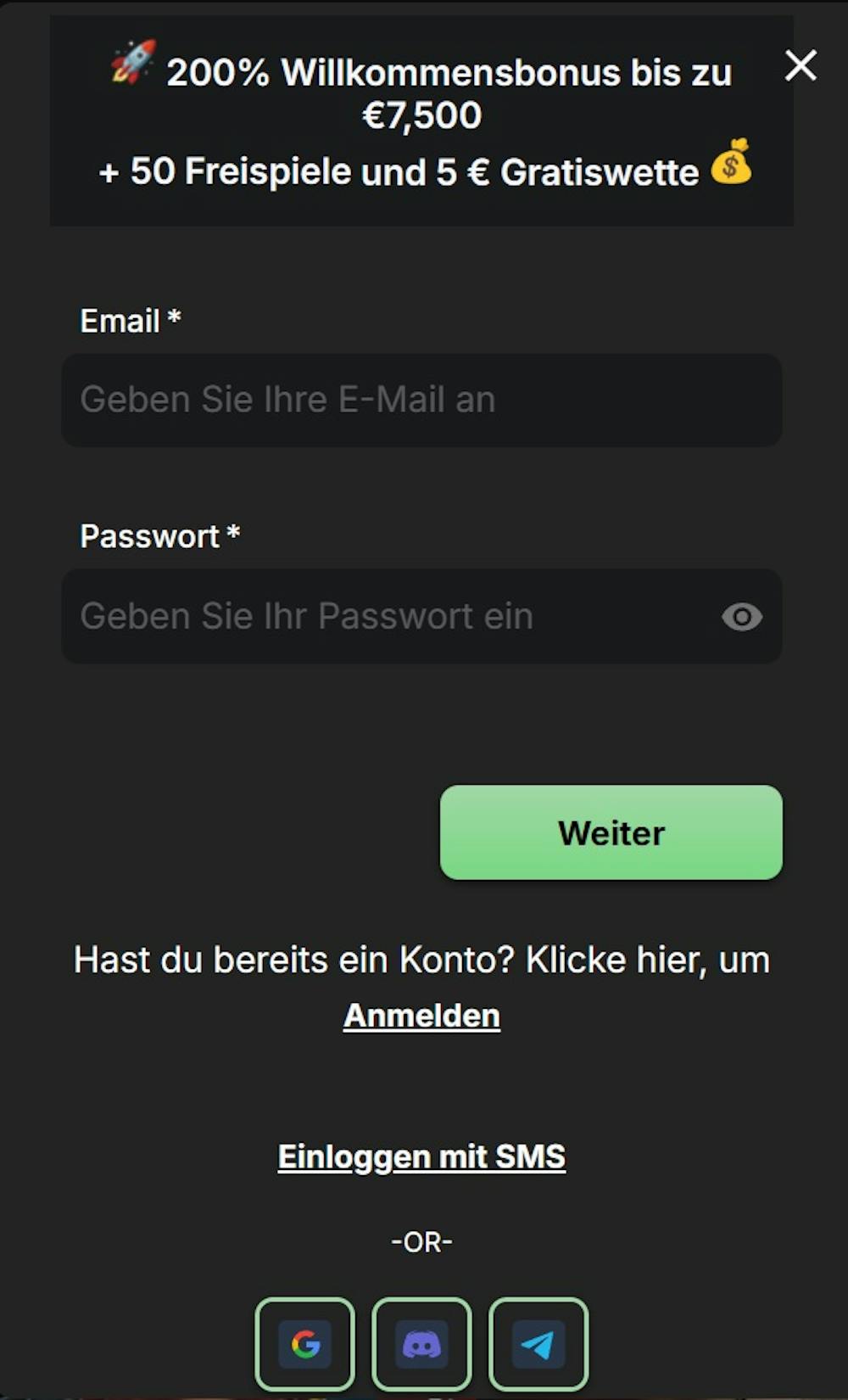 Screenshot von der Betblast Casino Anmeldeseite zum Eingeben der Daten, um sich im Spielerkonto anzumelden.