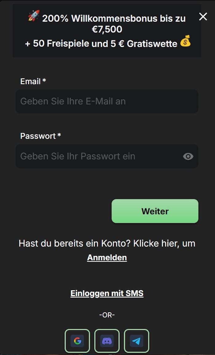 Screenshot von der Betblast Casino Anmeldeseite zum Eingeben der Daten, um sich im Spielerkonto anzumelden.