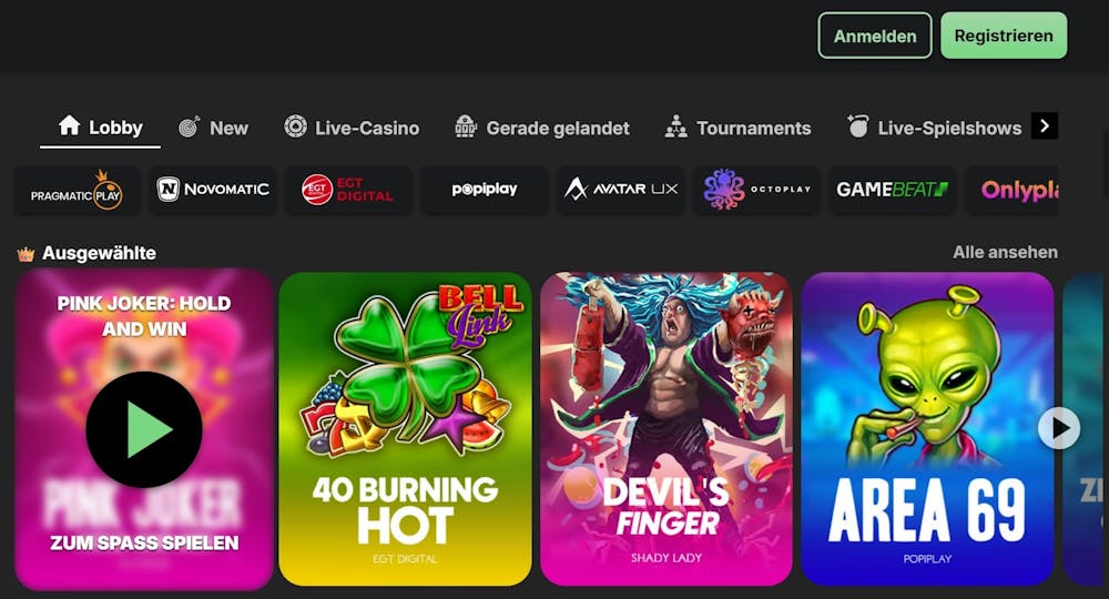 Betblast Casino Screenshot mit der Spieleauswahl, darunter 40 Burning Hot und Area 69 als top Slot im Angebot.