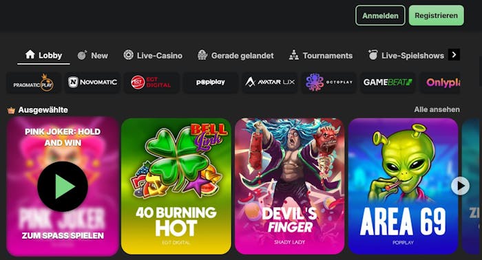 Betblast Casino Screenshot mit der Spieleauswahl, darunter 40 Burning Hot und Area 69 als top Slot im Angebot.