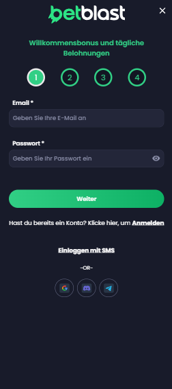 Screenshot von der Betblast Casino Anmeldeseite zum Eingeben der Daten, um sich im Spielerkonto anzumelden.