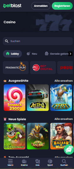 Betblast Casino Screenshot mit der Spieleauswahl, darunter Sweet Bonanza 2500