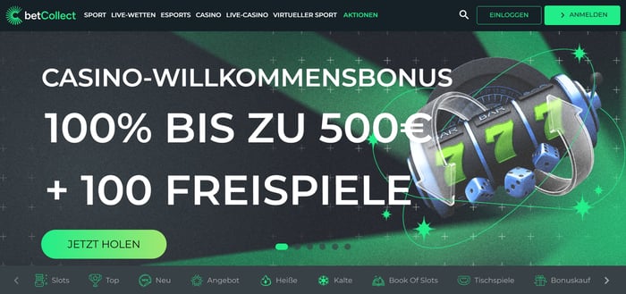 Betcollect Casino Screenshot, welcher die Startseite zeigt mit dem aktuellen Willkommensbonus, das Design ist in grün gehalten.