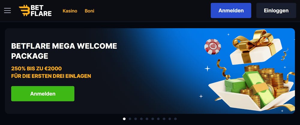 Betflare Casino Startseite zeigt Willkommenspaket