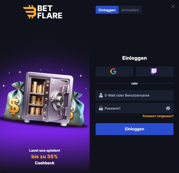 Anmeldeformular im Betflare Casino