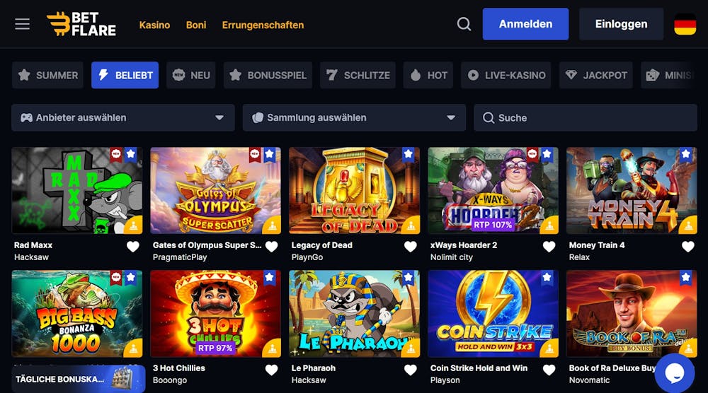 Spiellobby im Betflare Casino zeigt Spiele wie Money Train 4 neben anderen Spielkategorien