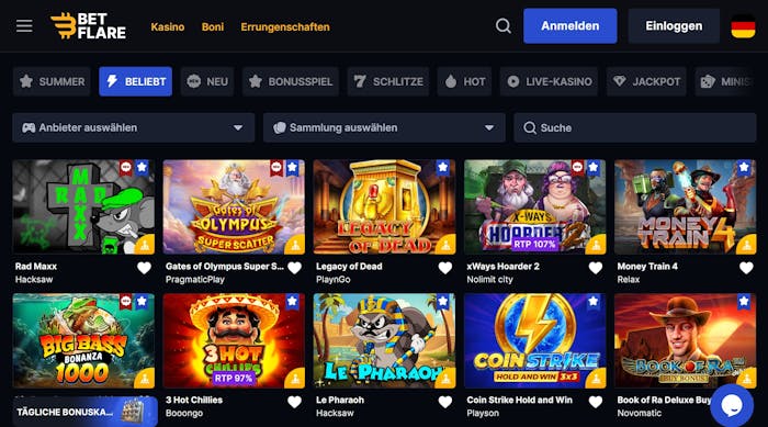 Spiellobby im Betflare Casino zeigt Spiele wie Money Train 4 neben anderen Spielkategorien