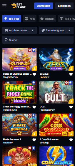 Spiellobby im Betflare Casino zeigt Spiele wie Ze Zeus neben anderen Spielkategorien