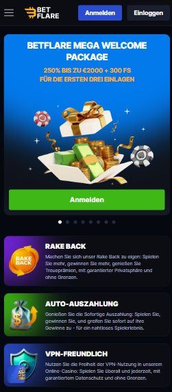 Betflare Casino Startseite zeigt Willkommenspaket