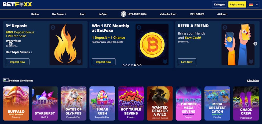 Betfoxx Casino Startseite mit Bonusangebot, Menü, Anmeldebutton und Spielbeispielen