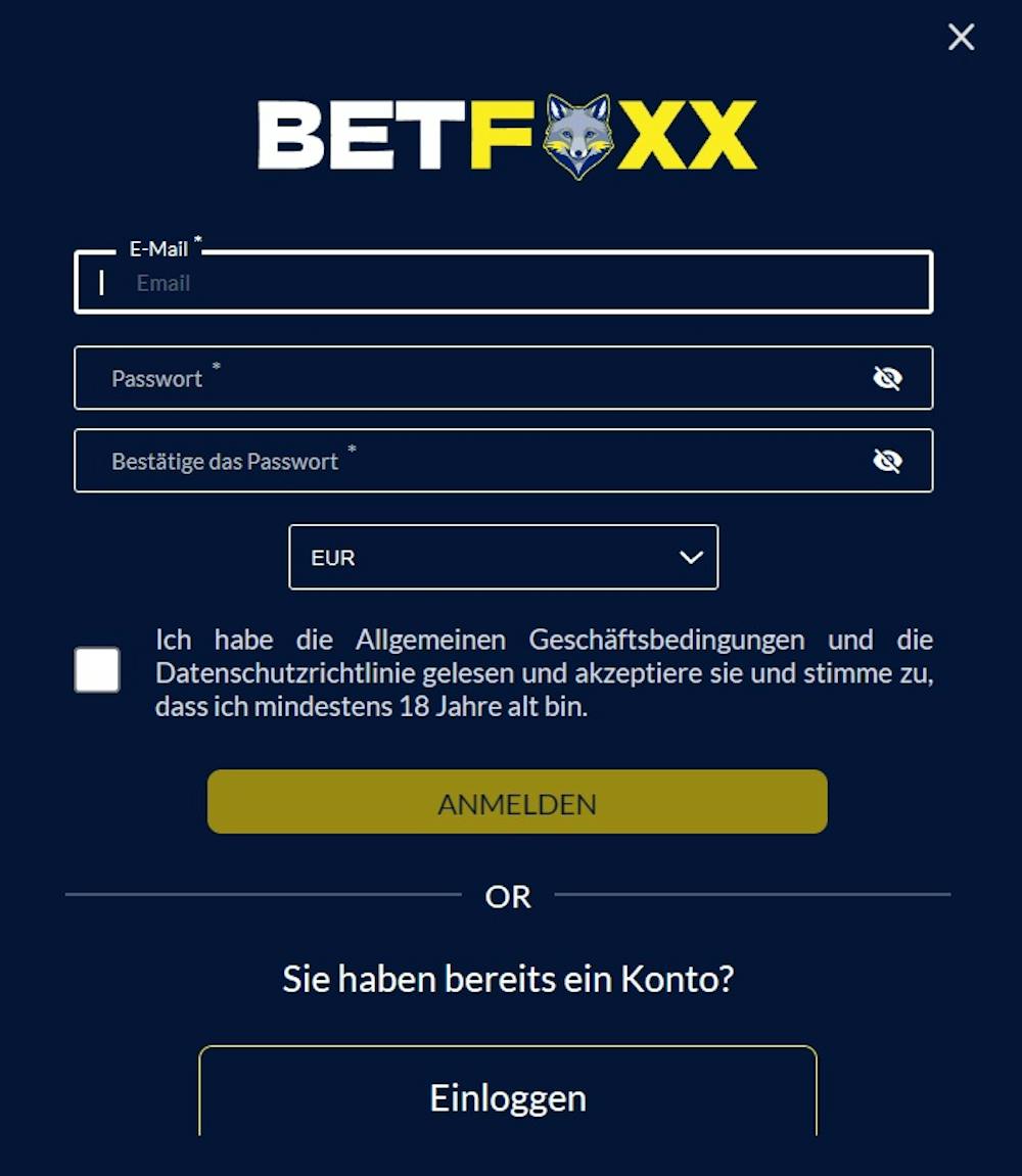 Betfoxx Casino Anmeldeformular