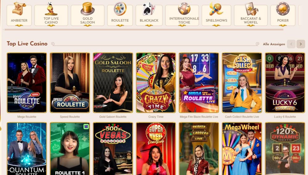 Bethall Casino Spiellobby zeigt top Live Casino wie Gold Saloon Roulette neben anderen Spielkategorien 