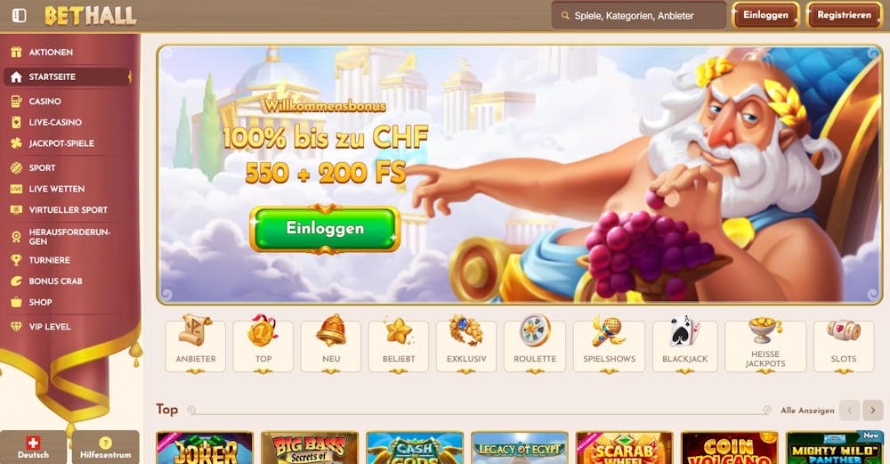 Startseite im Bethall Casino zeigt Willkommensbonus, Menü und Spielkategorien