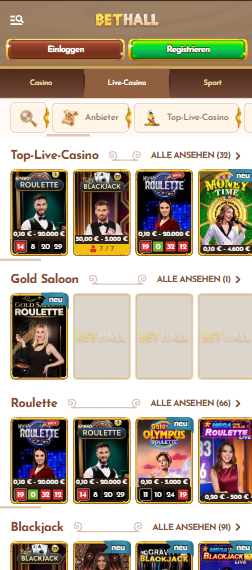 Bethall Casino Spiellobby zeigt top Live Casino Spiele wie Gold Saloon Roulette neben anderen Spielkategorien 