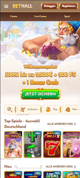Startseite im Bethall Casino zeigt Willkommensbonus, Menü und Spielkategorien