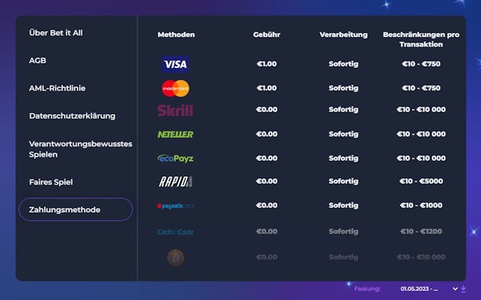 Bet It All Casino Zahlungsoptionen