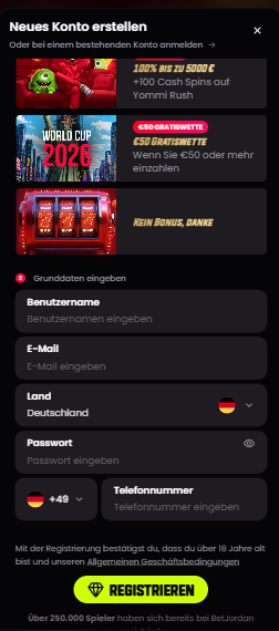 Betjordan Casino Screenshot mit der Seite zum Registrieren, auf welcher man die Daten eingibt.