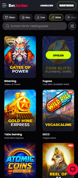 Betjordan Casino Screenshot mit der Spieleseite und den Slots des Casinos.