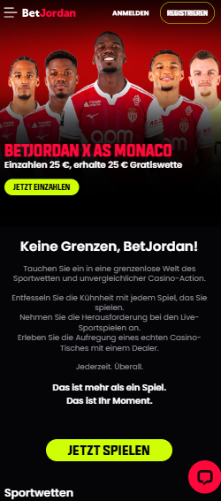 Betjordan Casino Screenshot mit der Startseite, auf welcher man den Sportwetten Willkommensbonus sieht.
