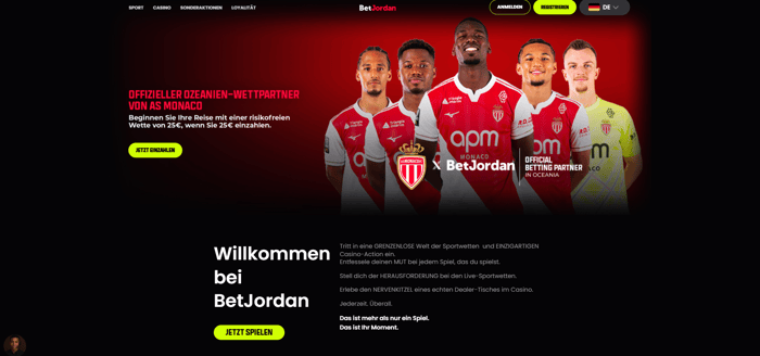 Betjordan Casino Screenshot mit der Startseite, auf welcher man den Sportwetten Willkommensbonus sieht.