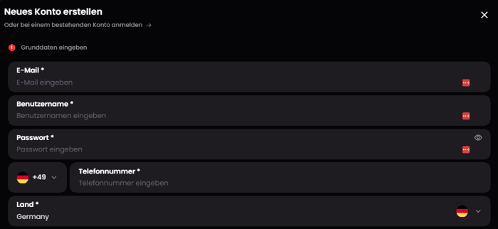 Betjordan Casino Screenshot mit der Seite zum Registrieren, auf welcher man die Daten eingibt.