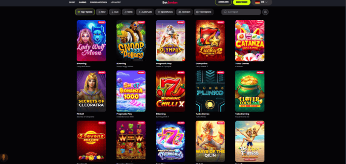 Betjordan Casino Screenshot mit der Spieleseite und den Slots des Casinos.