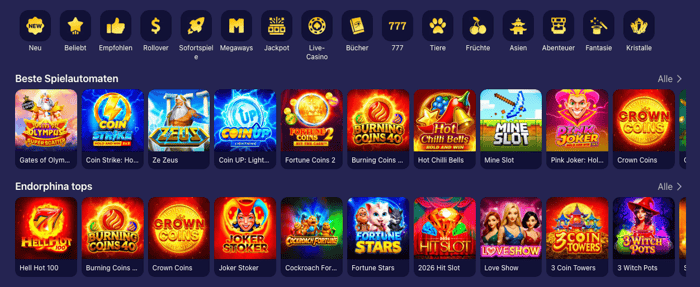 Spiellobby im Betmatch Casino zeigt Spiele wie Zeus neben anderen Spielkategorien