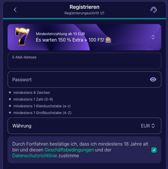 Anmeldeformular im Betmatch Casino