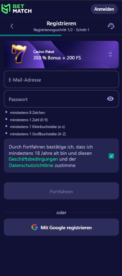Anmeldeformular im Betmatch Casino