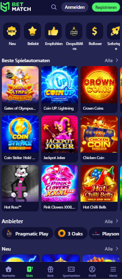 Spiellobby im Betmatch Casino zeigt Spiele wie Crown Coins neben anderen Spielkategorien