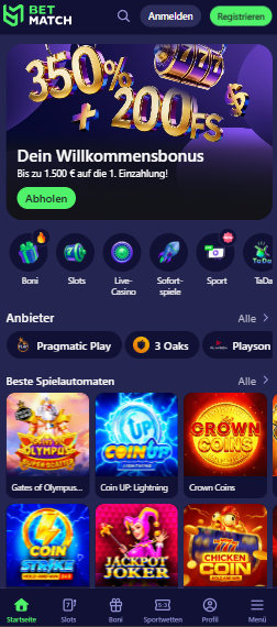 Startseite im Betmatch Casino zeigt Willkommensbonus und Spiele