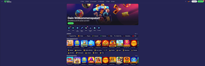 Startseite im Betmatch Casino zeigt Willkommensbonus und Spiele