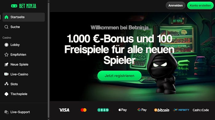 Startseite im Betninja Casino zeigt Willkommensbonus, Zahlungsmethoden und Menü