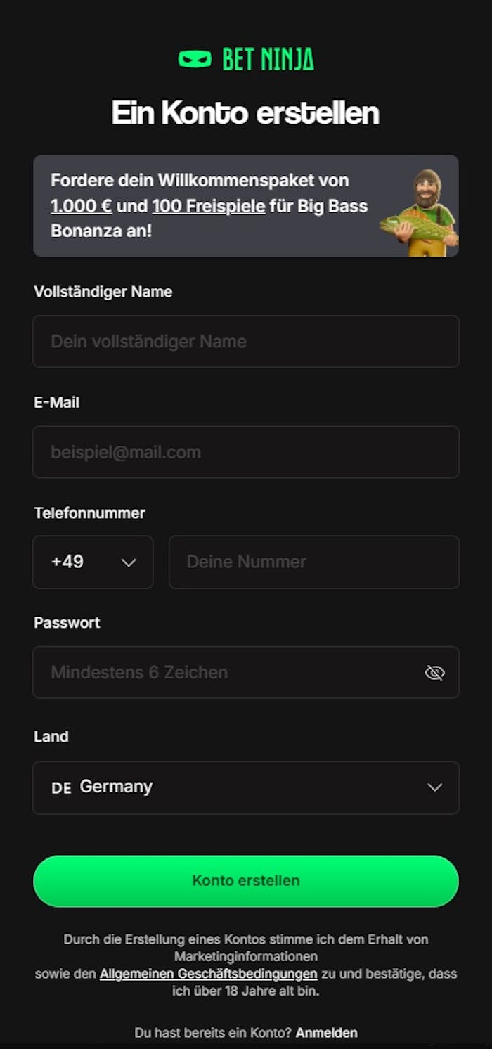 Anmeldeformular im Betninja Casino