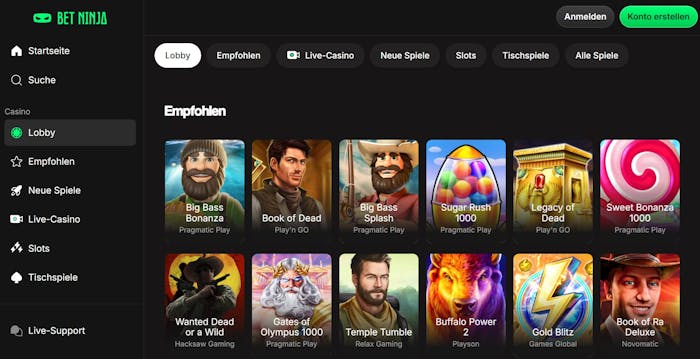 Spiellobby im Betninja Casino zeigt empfohlene Spiele wie Book of Dead neben anderen Spielkategorien