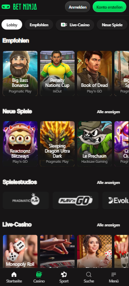 Spiellobby im Betninja Casino zeigt empfohlene Spiele wie Big Bass Bonanza neben anderen Spielkategorien
