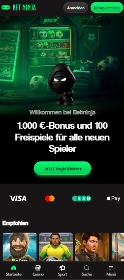 Startseite im Betninja Casino zeigt Willkommensbonus, Zahlungsmethoden und Menü