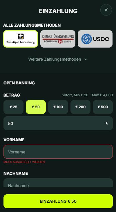 Betnjet Screenshot mit dem Zahlungsbereich.