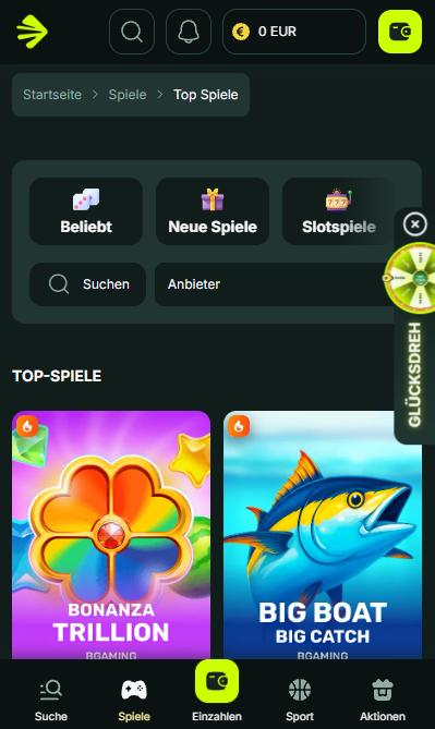 Betenjet Casino Screenshot mit der Slot Auswahl.