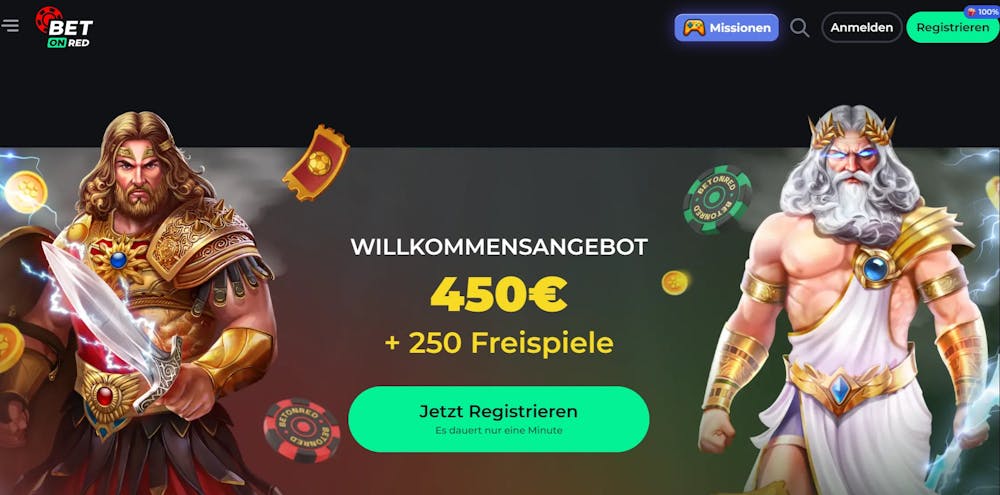 Bet on Red Casino Startseite mit Willkommensbonusbanner, Suchleiste, Anmeldebutton und Menü