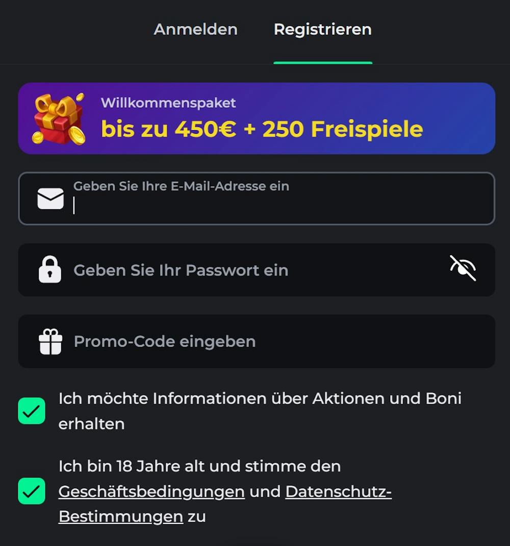 Bet on Red Casino Registrierungsformular mit Willkommensbonusangebot bis zu 450 Euro und 250 Freispielen