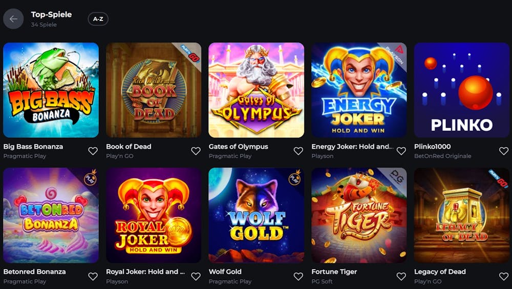 Bet on Red Casino Spiellobby mit top Spielen