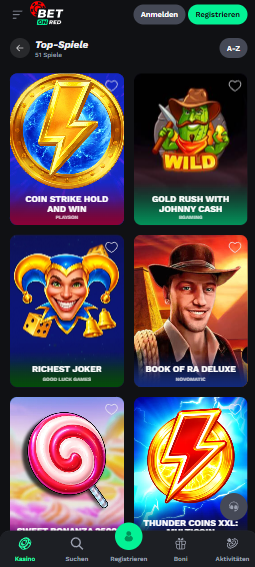 Spiellobby im Bet on Red Casino zeigt top Spiele wie Richest Joker