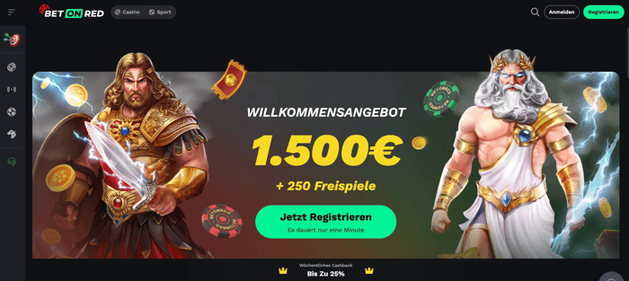 Startseite im Bet on Red Casino zeigt Willkommensbonus